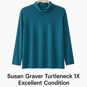 SUSAN GRAVER Top Womens Size 1X Ruched Turtleneck Liquid Knit Long Sleeve Teal